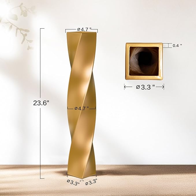 Tall Gold Floor Vase - 23.6 Inch Modern Square Twist Vases for Home Decor, Large Decorative Vase for Dried Flowers, Pampas Grass, Centerpiece - Matte Finish