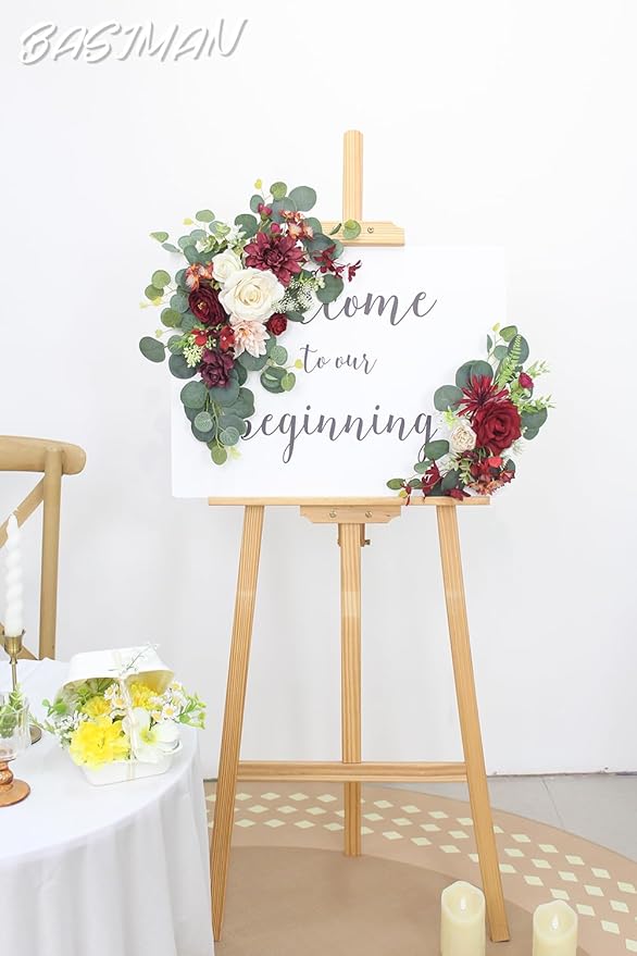 2pcs Wedding Arch Flowers,Wedding Artificial Sign Flower,Welcome Easel Door Decor Wall swags for Reception Backdrop Table Decorations Welcome Sign (Wine Red)