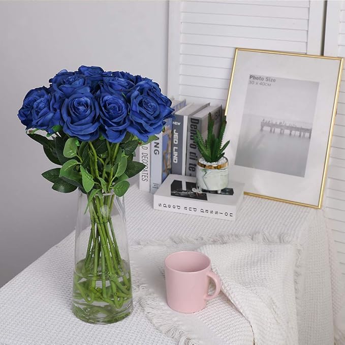 Nubry Artificial Silk Rose Flower Bouquet Lifelike Fake Rose for Wedding Home Party Decoration Event Gift 10pcs (Blue)