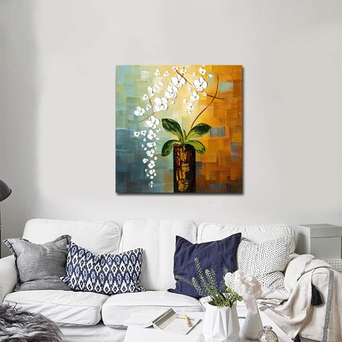 Wieco Art Beauty of Life Floral Oil Paintings on Canvas Wall Art Large Modern 100% Hand Painted Abstract White Flowers Stretched and Framed Artwork for Living Room Bedroom Home Decorations 32x32
