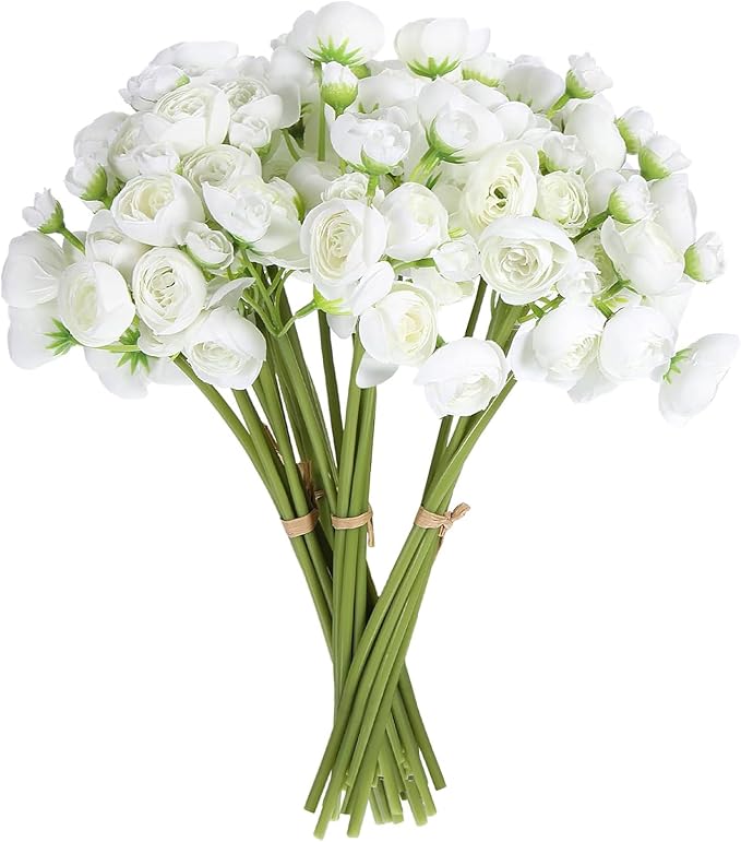 Ranunculus Artificial Flower, 24Pcs Faux Silk Mini Ranunculus Flowers Bulk Fake Wedding Filler Flowers for DIY Bouquet Centerpieces Arrangements Bridal Shower Decorations (Ivory)