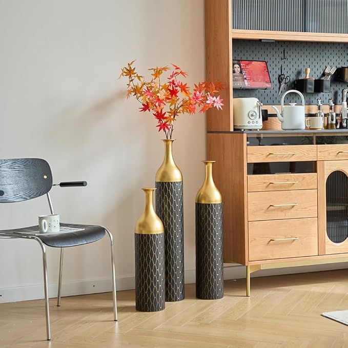 Floor Oversized Gold Metal Decorative Vase with 3D Triangle Pattern Set of 3 Large Vases for Home Living Room 33.5 ", 29.5 ", 25.2" High (Matte Black)