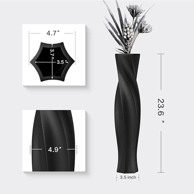 Tall Vases - 23.6" Tall Floor Vase for Home Decor, Resin Floor Vases, Black Hexagon Twist Floor Vase, Fits Into Hay/Pampas Grass, Living Room, Office, Wedding Decor (Black)