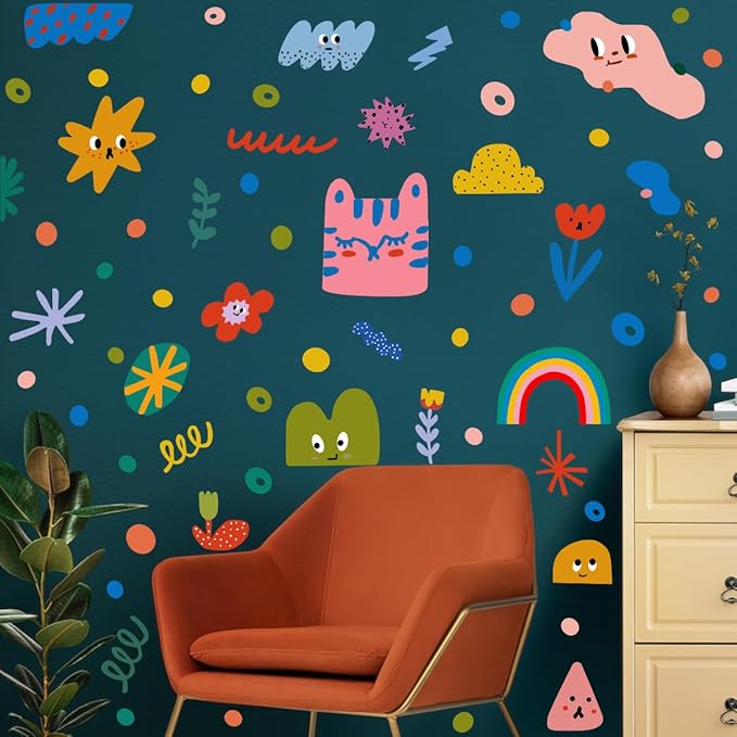 Colorful Abstract Shape Wall Stickers, Lovely Smile Clouds Rainbow Irregular Dots Vinyl Wall Decals, Removable Geometry Shape DIY Wall Art for Classroom Kindergarten Playroom Decor