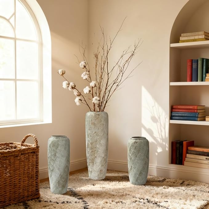 15.7 Inch Rustic Ceramic Tall Floor Vase, Slim Tapered Rustic Farmhouse Vase for Dried Stems & Pampas, Neutral Beige Decorative Vase for Living Room