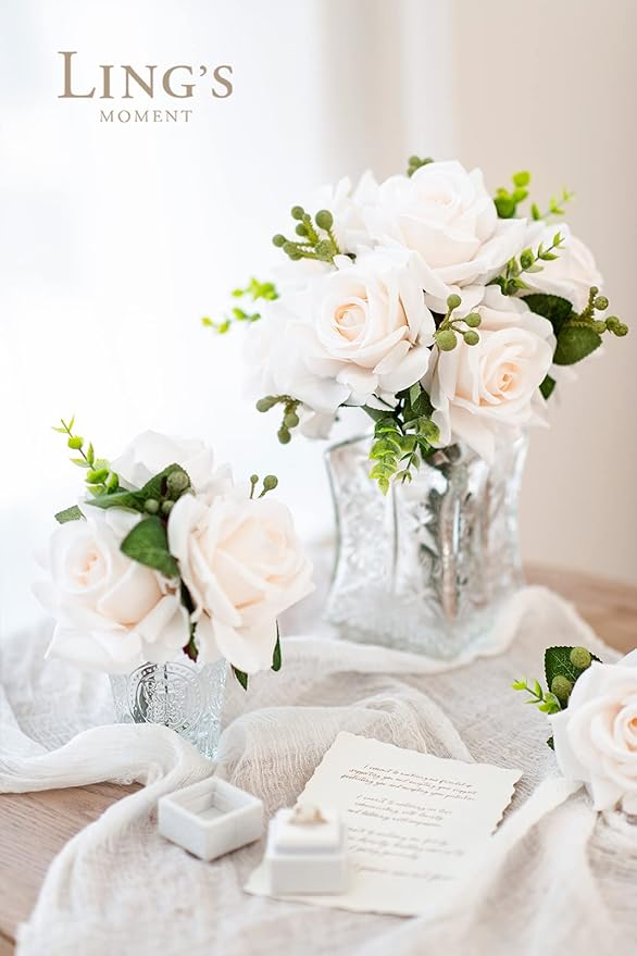 Ling's moment Artificial Flowers 16pcs Cream Silk Roses with Stems, 3.5" Fake Vendela Roses Bulk for DIY Wedding Bouquets Centerpieces Party Baby Shower Home Decoration