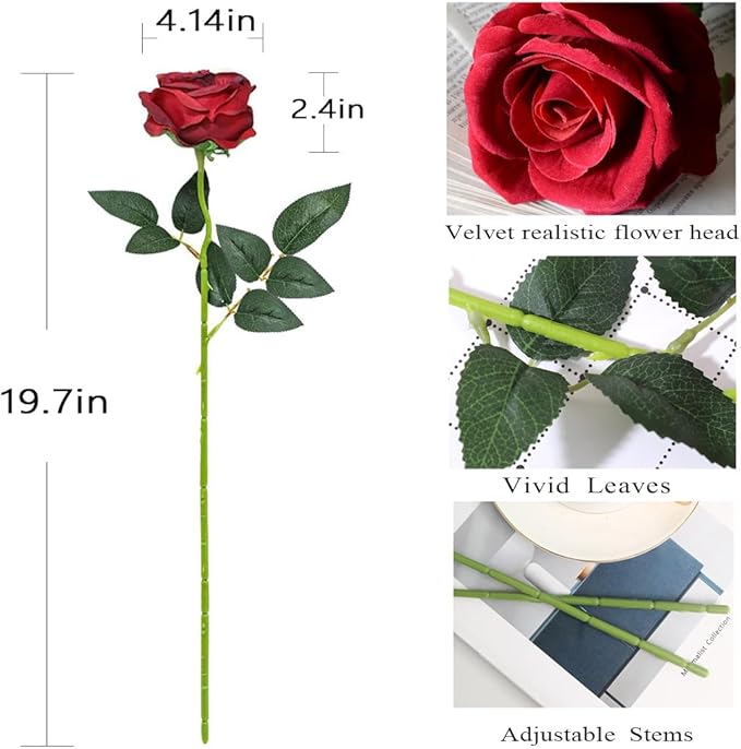 Jasion 50PCS Artificial Roses 4.14'' Realistic Velvet Large Flowers Long Stem Faux Flowers Bouquet for Wedding Home Party Table Centerpieces Decorations (Red)