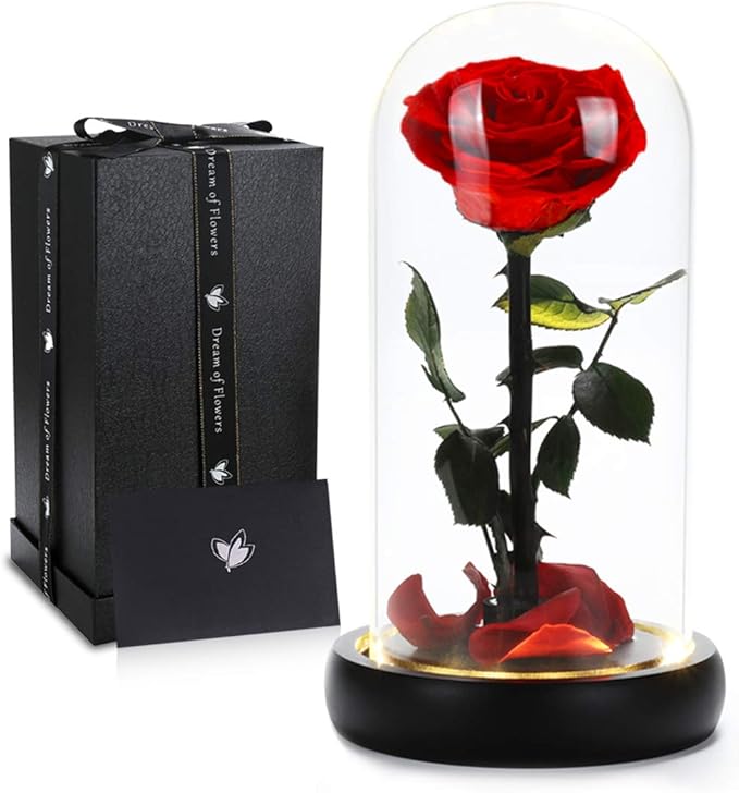 Christmas Flower Gifts for Women,Mom Gifts,Beauty and The Beast Rose in Glass Dome,Preserved Rose with Lights,Flower for Delivery Prime,Forever Flowers Birthday Gifts for Women Mom Wife Girlfriend