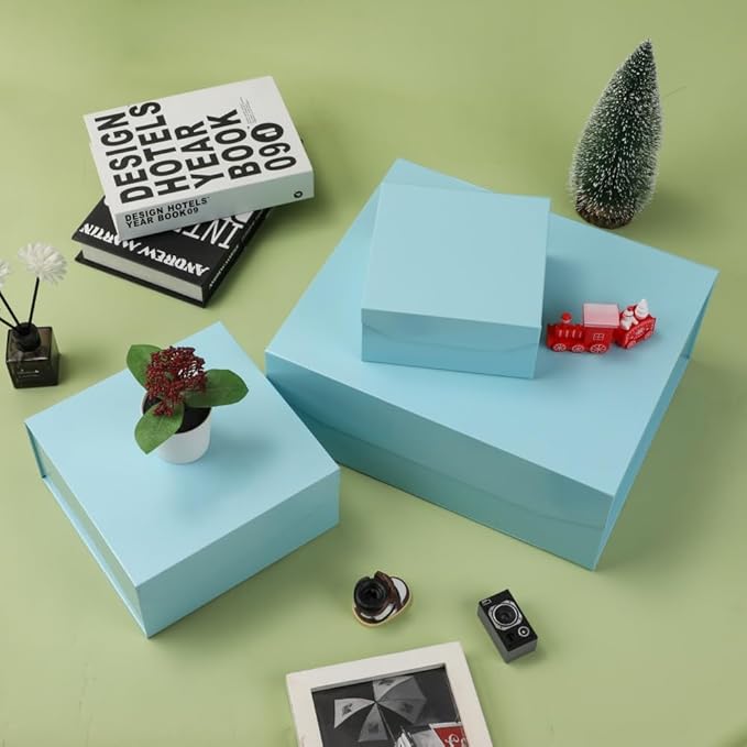 1 Pcs Small Blue Gift Box 8x8x4 Inch Magnetic Gift Box with Crinkle Paper Luxury Gift Boxes with Lids for Presents
