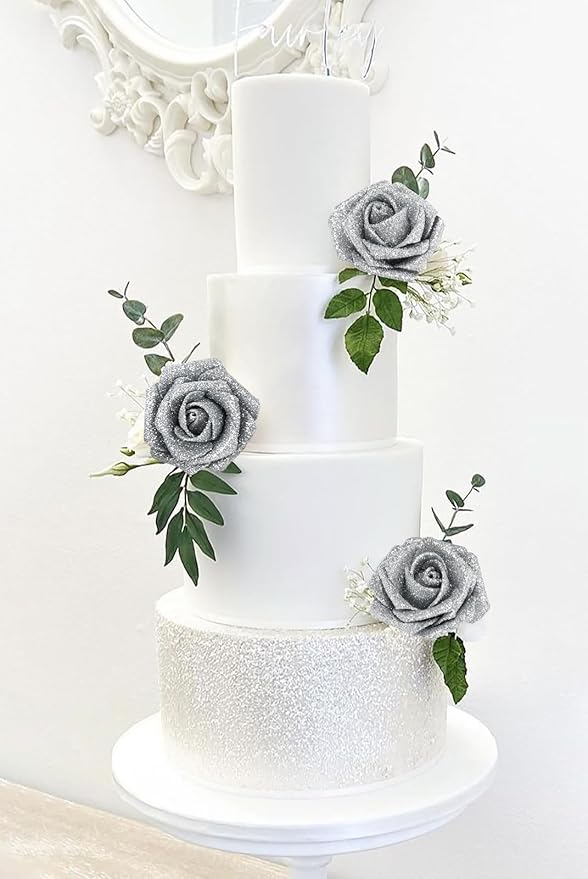 Glitter Silver Roses Artificial Flowers 30pcs Silver Flowers Artificial Roses with Stems Glitter Roses for Wedding Corsage Floral Bridal Shower Centerpieces Table Decor