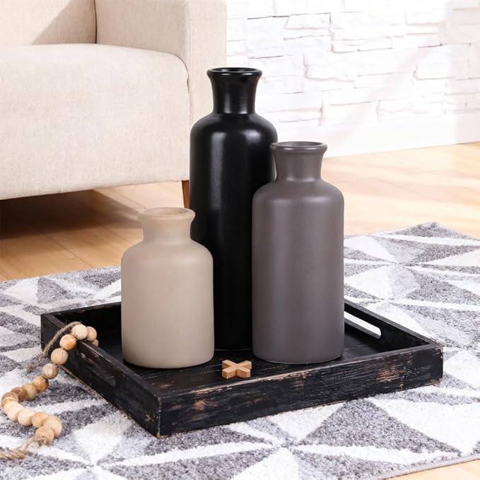 Ceramic Vase Set of 3 – Modern Neutral Vases for Home Decor, Rustic Farmhouse Pottery Vases for Pampas Grass, Dried Flowers, Centerpiece Table Decor, Living Room, Kitchen, Bedroom, Bathroom