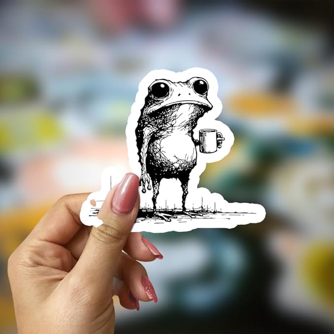 HANDICHI Design 5-Pack 4 Inch Funny Coffee Frog Stickers – Grunge Meme Vinyl Decals – Tired Frog Holding Coffee Cup Aesthetic Sticker Pack for Laptops, Water Bottles, Journals, and Scrapbooks