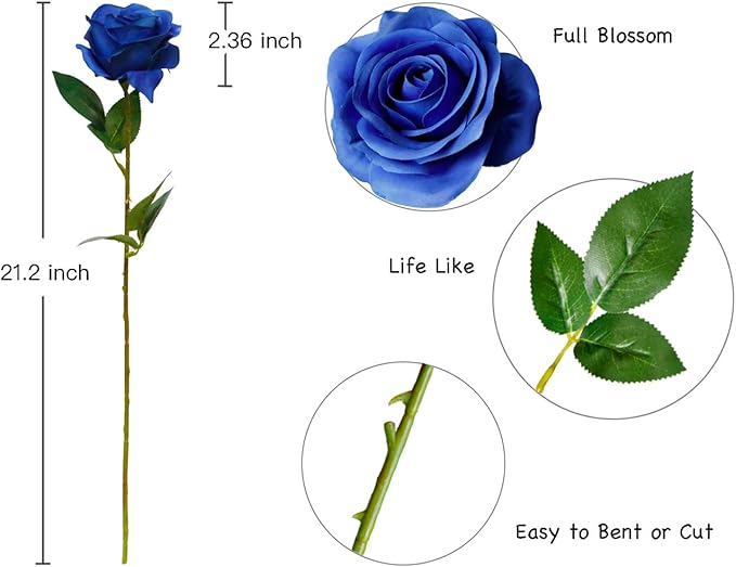 DuHouse 10pcs Fake Roses Artificial Silk Flowers Faux Rose Flower Long Stems Bouquet for Arrangement Wedding Centerpiece Party Home Kitchen Decor (Royal Blue)