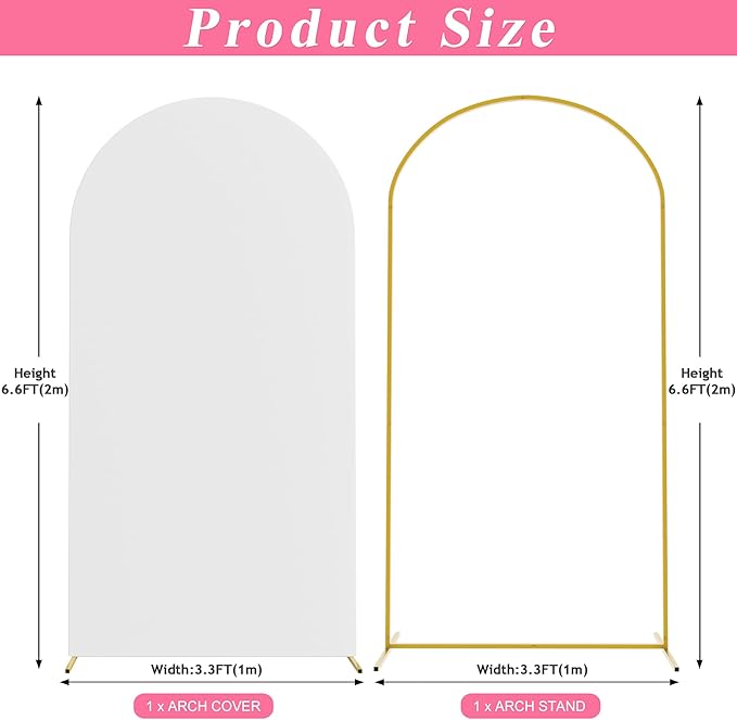 Putros 6.6ft Metal Arch Stand with Cover White Spandex Fitted Wedding Arch Cover and Round Top Chiara Backdrop Stand Set for Birthday Party Baby Shower Decoration