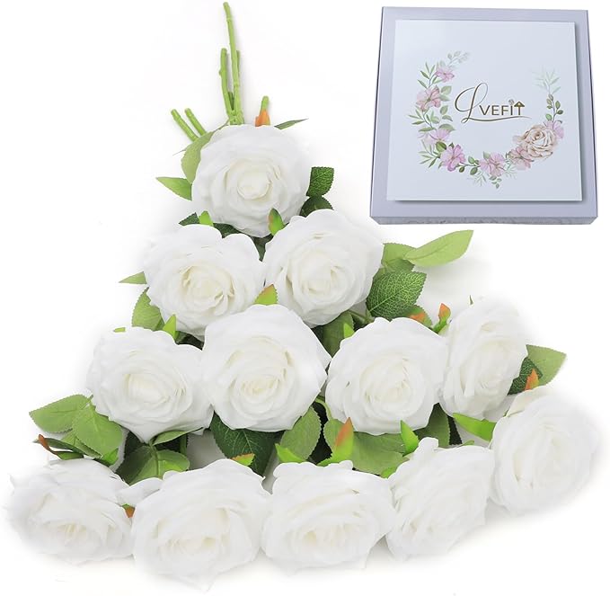 Artificial Rose Flower White Flowers White Roses Silk Flowers 12 pcs with Long Stem Silk Roses Bouquet for Wedding Bridal Shower Party Home Decoration