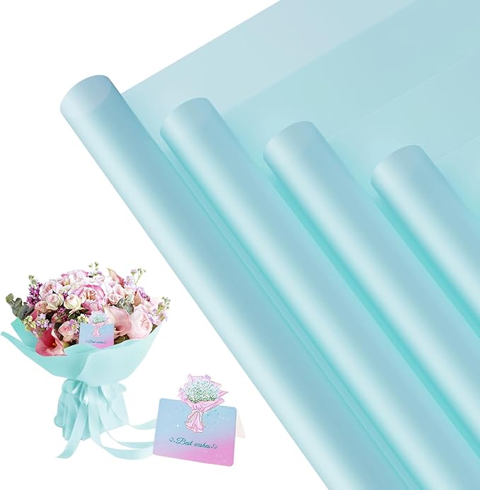 REAXYZNN 20 Sheets Flower Wrapping Paper, Waterproof Floral Bouquet Wrapping Paper with Cards for DIY Craft, Florist Packaging Supplies for Birthday, Wedding, Mother's Day Gift (Sky blue)