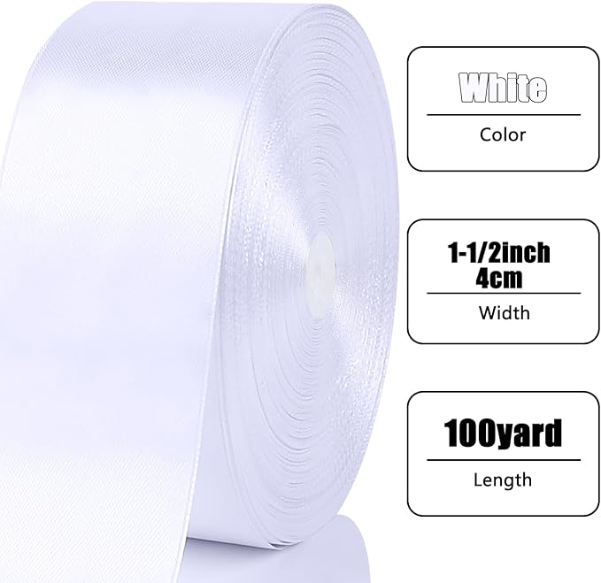 NESCCI 100 Yards Ribbon,1-1/2 Inch White Satin Ribbon,Single Face Satin Ribbons,Perfect for Gift Wrapping,Wedding Decoration,Handmade Bows, Wrapping Bouquet and More