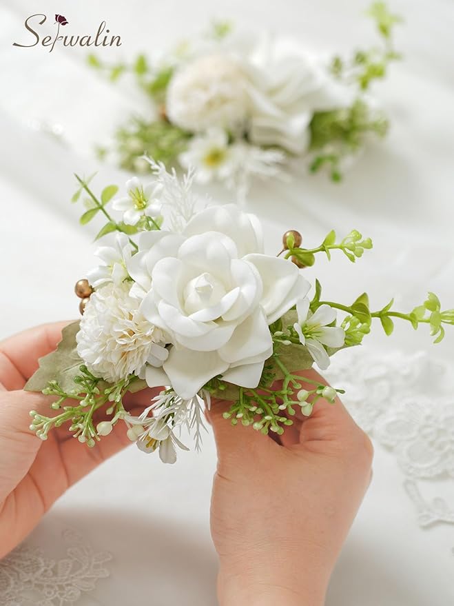 Serwalin Set of 2 Boutonniere for Men, 6-7inch Corsage Groom Groomsman Best Man Boutonnieres for Wedding Prom Ceremony Anniversary Party Cake Topper, Ivory White