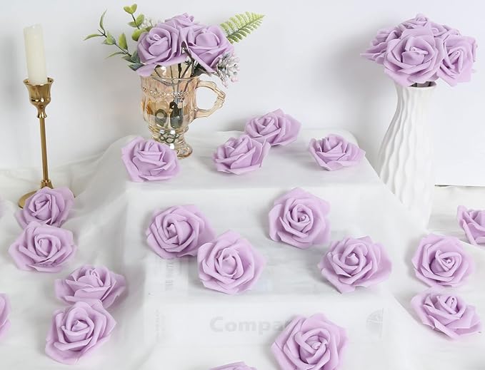 IPOPU 100Pcs Artificial Foam Roses Flowers Heads, 3in Stemless Lilac Foam Fake Flowers Bulk for Crafts, Wall Decorations, DIY Wedding Receptions, Bridal Shower, Faux Bouquets, Party Home Decor(Lilac)