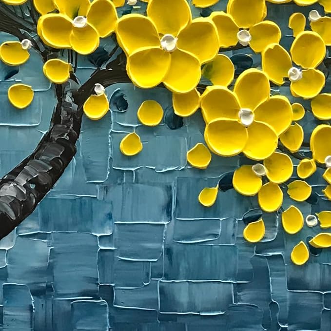 100% Hand Painted 3D Yellow Flower Tree Oil Painting Blue Canvas Texture Mural Living Room Bedroom Dining Room Mural 24x48 inches