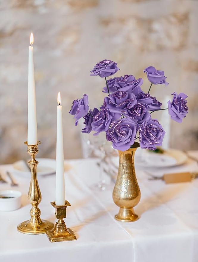 100pcs Purple Glitter Roses 2.56" Foam Glitter Flowers Fake Roses Purple Flowers Artificial Roses for Bridal Shower Centerpieces DIY Wedding Flower Floral Arrangements (Purple)