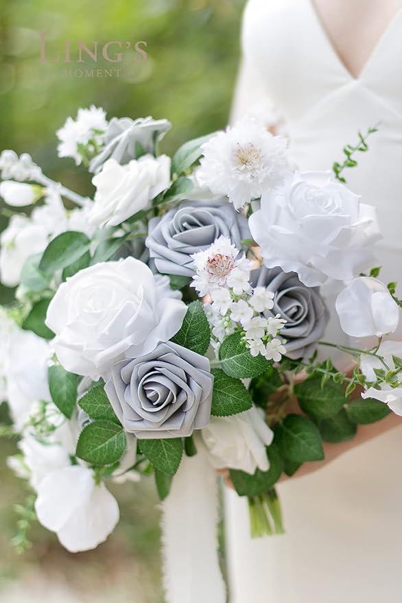 Ling’s Moment Artificial Flowers 25Pcs Silver & Grey Roses Decor w/Stems,3" Real Touch DIY Foam Floral for Wedding Bouquet/Centerpieces, Outdoors Party Backdrop, Room/Table, and Garden/Pot Decorations