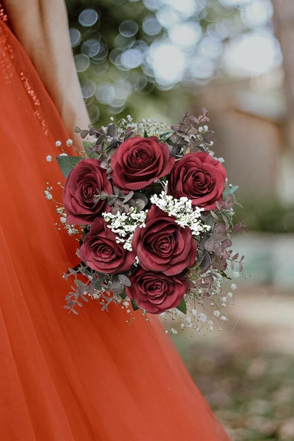 Artificial Rose Flower Artificial Flowers Flower with Long Stem Silk Roses Bouquet for Wedding Bridal Shower Party Home Decoration (Burgundy, 50 Pcs)