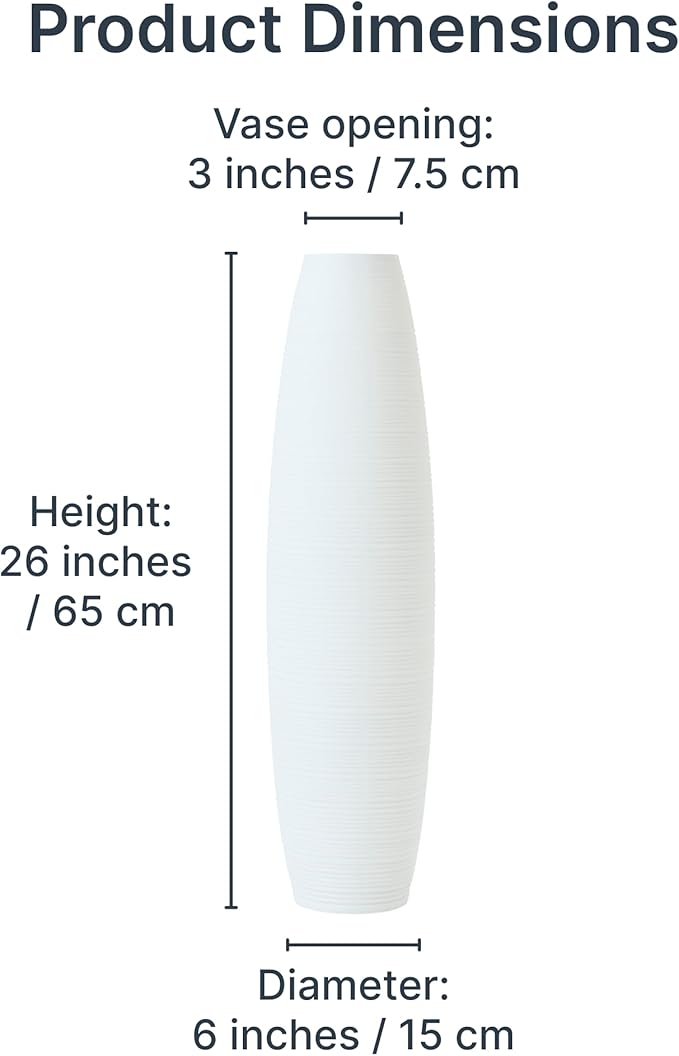 Leewadee Large 26″ Tall Floor Vase, White - Handcrafted Mango Wood for Pampas & Dried Stems