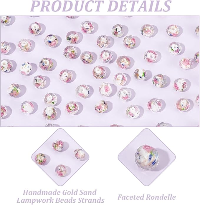 PH PandaHall 60pcs 9~10mm Rose Lampwork Beads Gold Sand Glass Beads Handmade Flower Glass Beads Round Loose Beads for Rosary Making Jewelry Craft Making with 1.5~2mm Hole - White