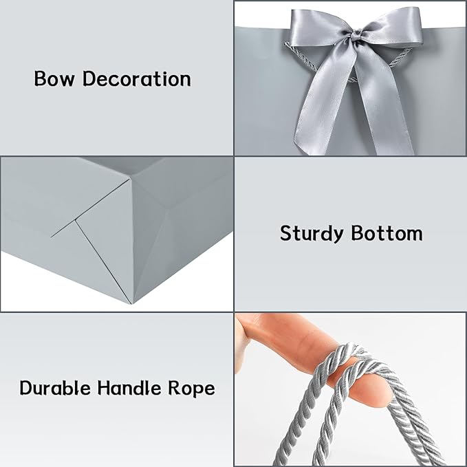 JMANNI Gift Bags, Medium Gift Bags for Presents with Bow Ribbon, Party Bags with Handles 4 Tissue Papers and 2 Cards for Weddings, Birthday, Party, Celebration, Christmas(Brown-Silver 2Pcs)