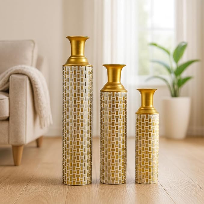 Leewadee Set of 3 Large Floor Vases – Decorative Tall Metal Vases in Gold White (30/24/20 inches) – Elegant Home Decor for Stylish Interiors