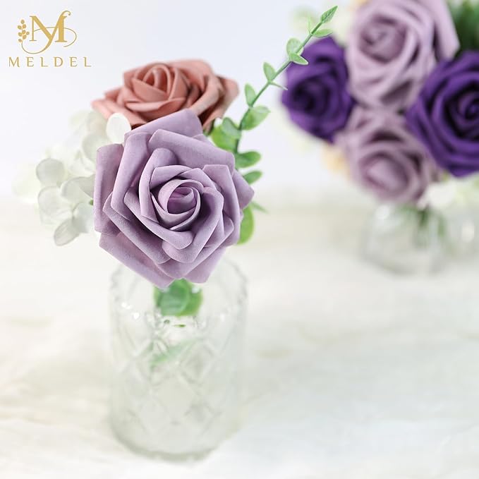 Meldel Artificial Flowers 25pcs Real Looking Purple Lilac Foam Fake Roses with Stems for DIY Wedding Bouquets Bridal Shower Centerpieces Floral Arrangements Home Decorations Bulk Crafts Rose