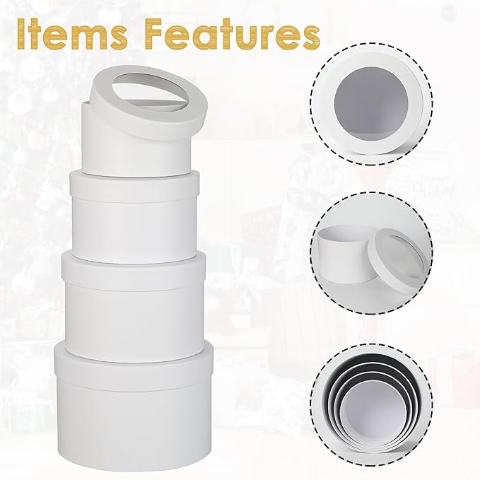 Flower Boxes for Arrangements Nesting Round Gift Boxes with Clear Lids White Round Boxes for Flowers Set of 4 Assorted Sizes Flower Boxes for Flower Arrangements, Valentine's Day, Mother's Day,