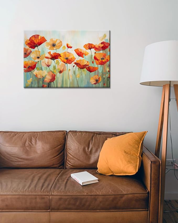 GLOKAKA Vibrant Poppies Wall Art Floral Red and Orange Watercolor Poppy Flower Painting Print Canvas Artwork For Living Room Bathroom Dinning Room Decor (24"x16")