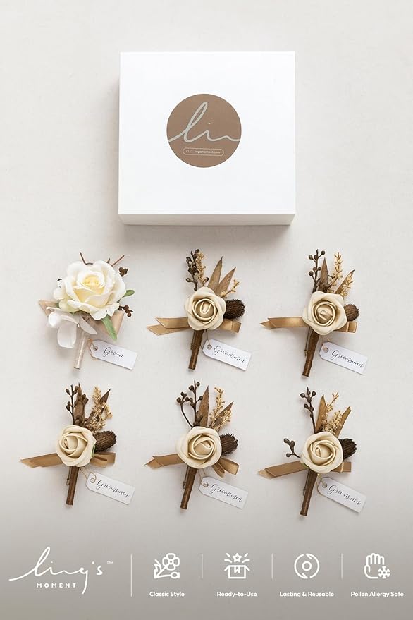 Ling's moment Boutonniere for Men, 6pcs Groom Groomsmen Boutonniere, Artificial Flowers for Wedding Decor/Prom/Homecoming, etc.Brown Beige White