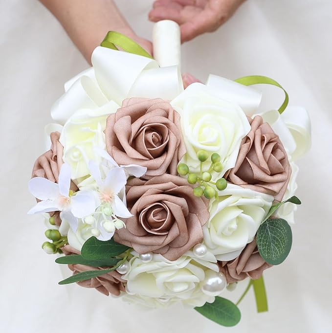 Lightweight Bridal Wedding Bouquet Round Holding Bouquet Throw Toss Artificial Rose Flower Bunch for Bride Bridesmaid Wedding Quinceanera (Cream & Rosy Brown, 7.9")