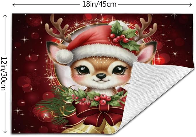 PVC Placemats Set of 4 Wipeable Table Mats Washable Heat Resistant Non Slip Vinyl Dining Table Mat for Kitchen Indoor Outdoor Patio Farmhouse Place Mats Red Christmas Bell Deer Decorative