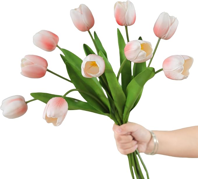 10PCS Artificial 18.5" Long Stem Blush Pink Tulips Bouquet PU Flowers, Fake 6 Color Tulip Faux Flowers with Bendable Stems for Floral Table Wedding Home Decor