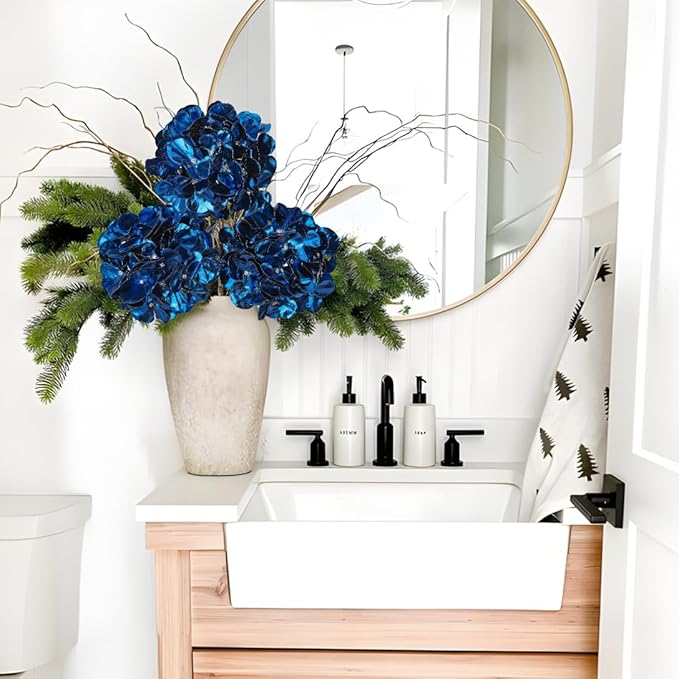Hollyone 3Pcs Artificial Hydrangea Flowers Blue Christmas Ornaments Flowers 26inch Fake Hydrangea Flower Floral Arrangements Bouquets Xmas Faux Hydrangeas Stems Wedding Party Christmas Home Decor