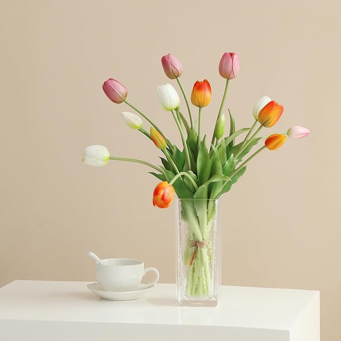 Artificial Flowers 15pcs Fake Tulips Real Touch, Faux Latex Tulips Flowers with Gift Box Soft Faux Tulips Bouquets Arrangements for Party Wedding Home Room Decoration(3 Colors)