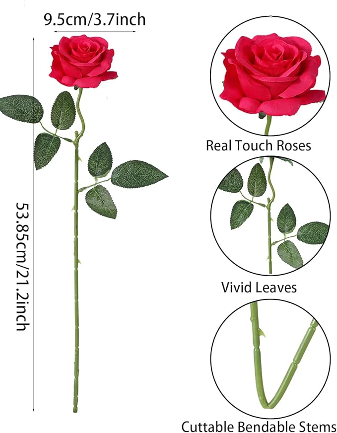 LFF 10pcs Silk Roses Artificial Flowers Fake Long Stem Roses for DIY Wedding Bouquet Home Decoration (Hotpink)