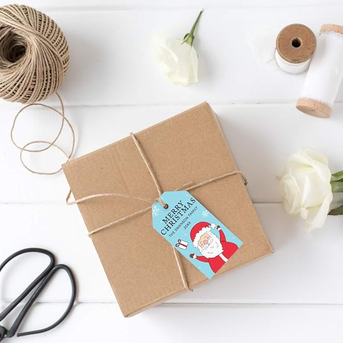 Andaz Press Personalized Christmas Holiday Season Classic Gift Tags, Merry Christmas Happy Santa Claus Design, Custom Family Name and Year, for Holiday Events, Parties, and Favors, 60-Pack