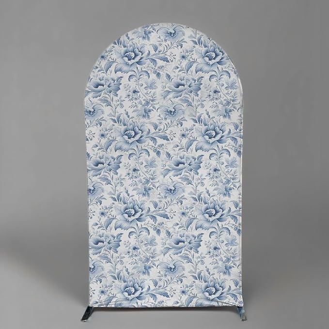 French Toile Arch Backdrop Cover Blue White Floral Baby Shower Birthday Party Elegant Vintage Theme Spandex Arch Stand Cover for Boys Newborn Celebration Tea Party Decor (G4260,7.2FT)