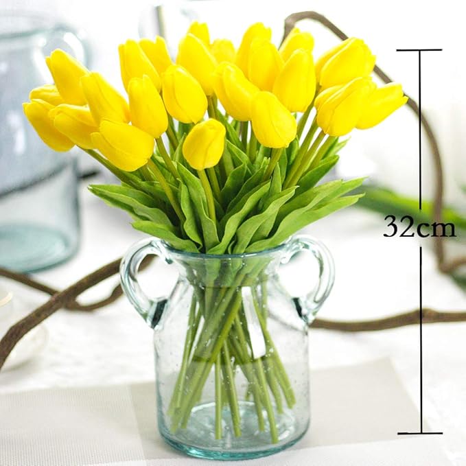 30pcs Artificial Tulips Flowers Real Touch Yellow Tulips Fake Holland PU Tulip Bouquet Latex Flowers for Wedding Party Office Home Kitchen Decoration (Yellow)