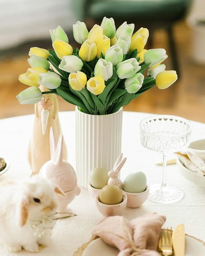 MACTING 30 PCS Artificial Tulip Flowers 13.7" Real Touch Fake Flowers Faux PU Tulips for Floral Arrangement Table Centerpieces Kitchen Home Indoor Outdoor Summer Decorations(Mix Green)