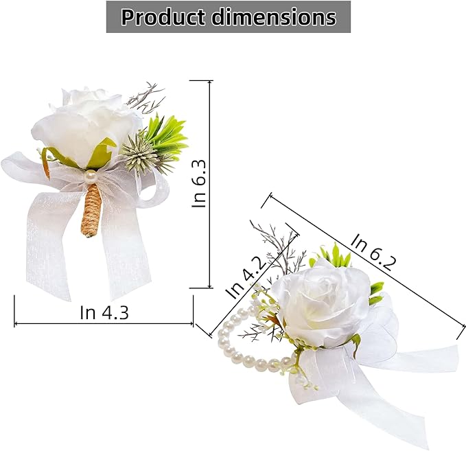 White Boutonniere and Corsage Set - 2Pcs Groom Boutonniere & Wrist Corsage Bracelets for Wedding, Prom and Anniversary,Formal Dinner Party,Ring Bearer & Niece Accessories