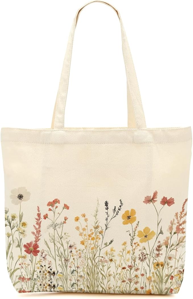 Aesthetic Floral Canvas Tote Bag for Women with Pocket, Tote Bags for Grocery Shopping Travel Christmas Birthday
