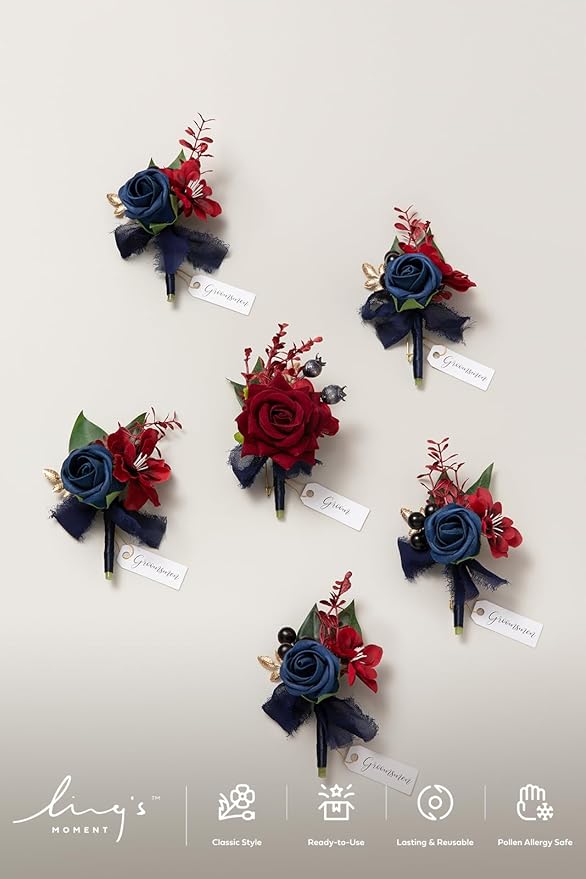 Ling's moment Boutonniere for Men, 6pcs Groom Groomsmen Boutonniere, Artificial Flowers for Wedding Decor/Prom/Homecoming, etc.Navy Blue Burgundy