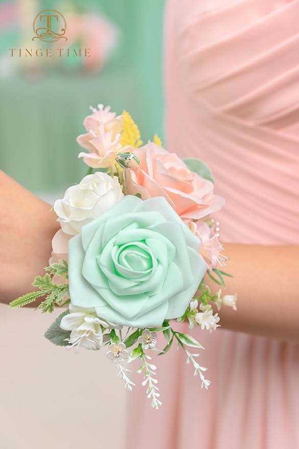 TINGE TIME Set of 2 Wrist Corsage Bracelets Pearl Wristlet Band Bridesmaid Bracelet for Wedding Ceremony Bridal Shower Wedding Artificial Flower Prom (MintGreen&Pink)