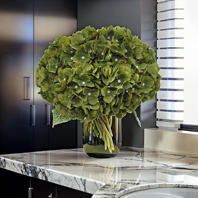 2Bouquets Artificial Fake Flowers Plants Silk Hydrangea Arrangements Wedding Bouquets Decorations Plastic Floral Home Kitchen Garden Party Festival Bar DIY(Olive Green,5 Flower Heads)